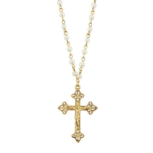 4mm Pearl Chain Crucifix Cross Pendant Necklace 16" + 3" Extender