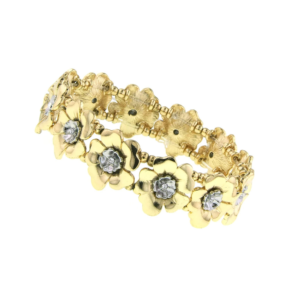 Jewelry Two Tone Crystal Flower Stretch Bracelet