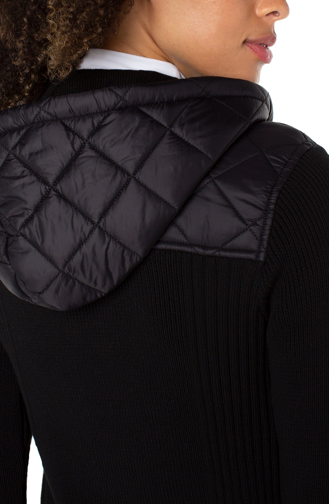  Quilted front full zip hooded sweater | Black